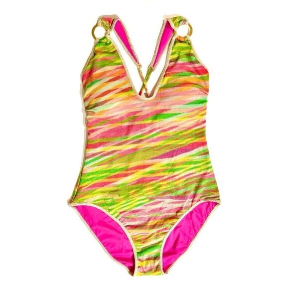 Becca by Rebecca Virtue Stripe Metallic Print Ring One Piece - Picture 1 of 12